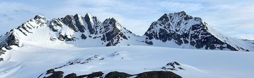 Snow-covered peaks and glacier terrain in Rogers Pass, Glacier National Park, BC