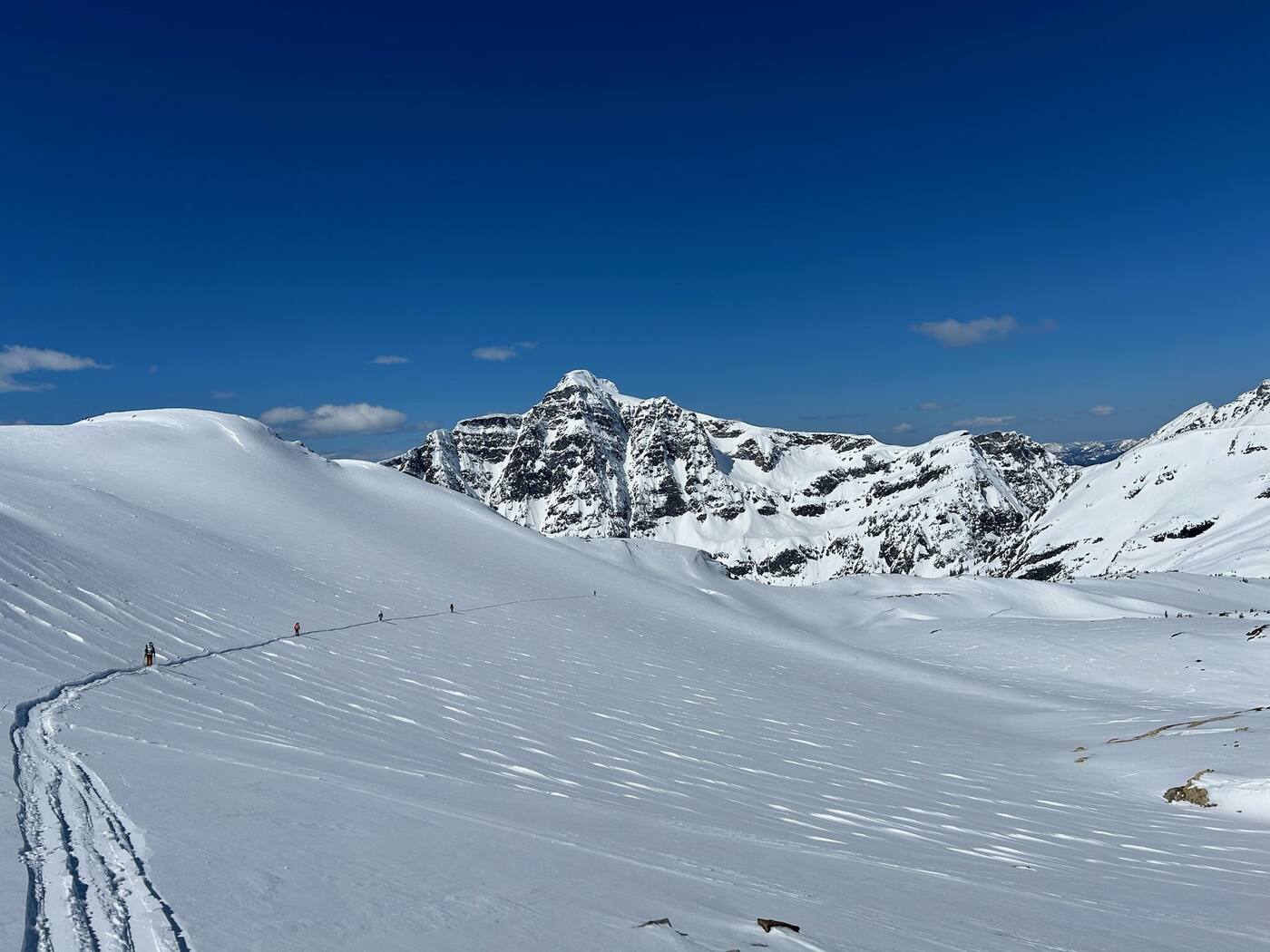 Ski tourers skinning up an alpine bowl beneath a peak in Rogers Pass
